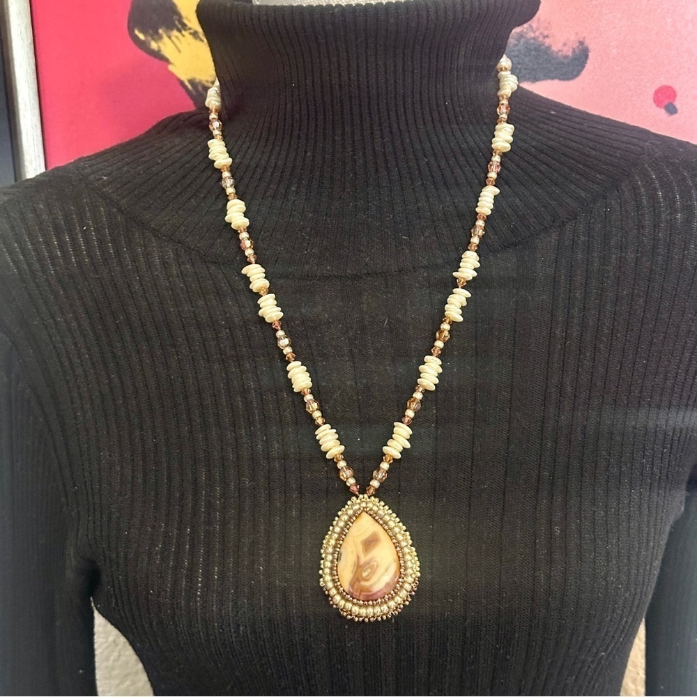 Vintage Stone Pendant Necklace Embroidery Bead Edge Leather Back 25” Long 70s - Picture 2 of 10